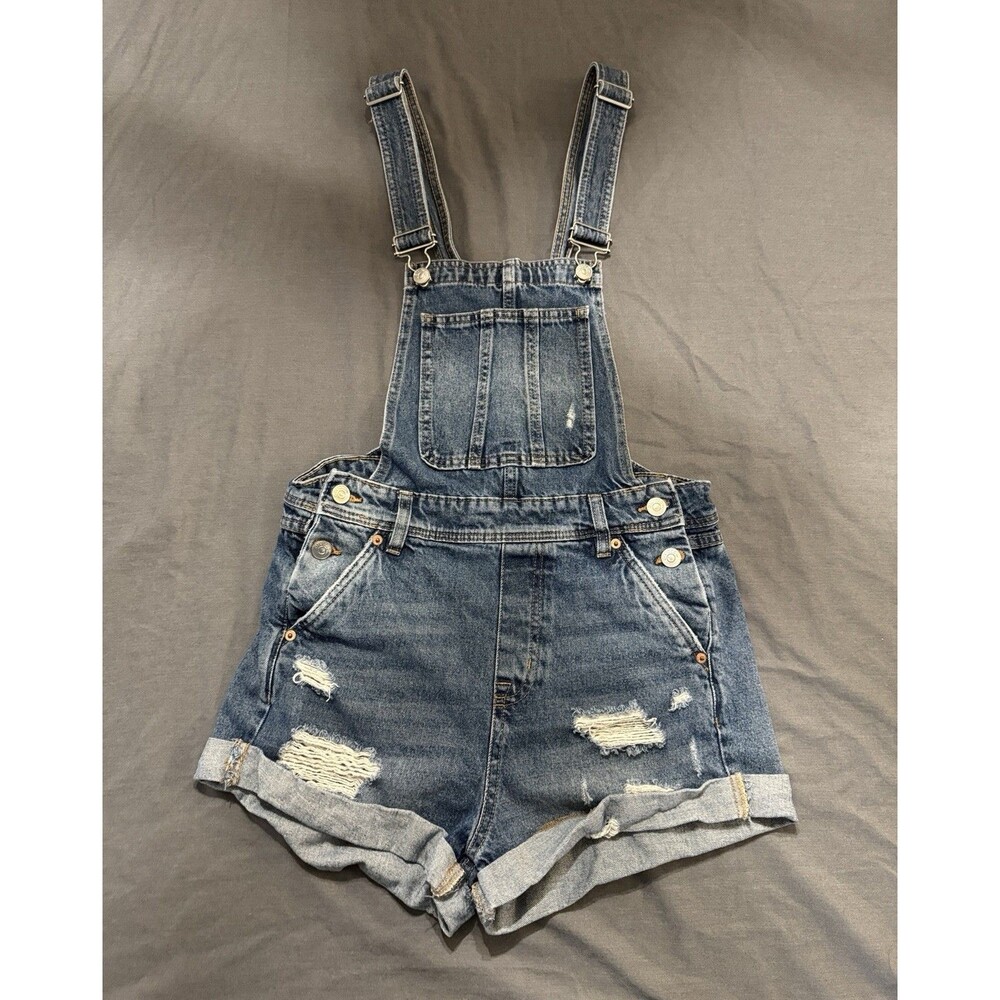 Divided by H&M women's distressed dark wash blue denim bib overall shorts size 4